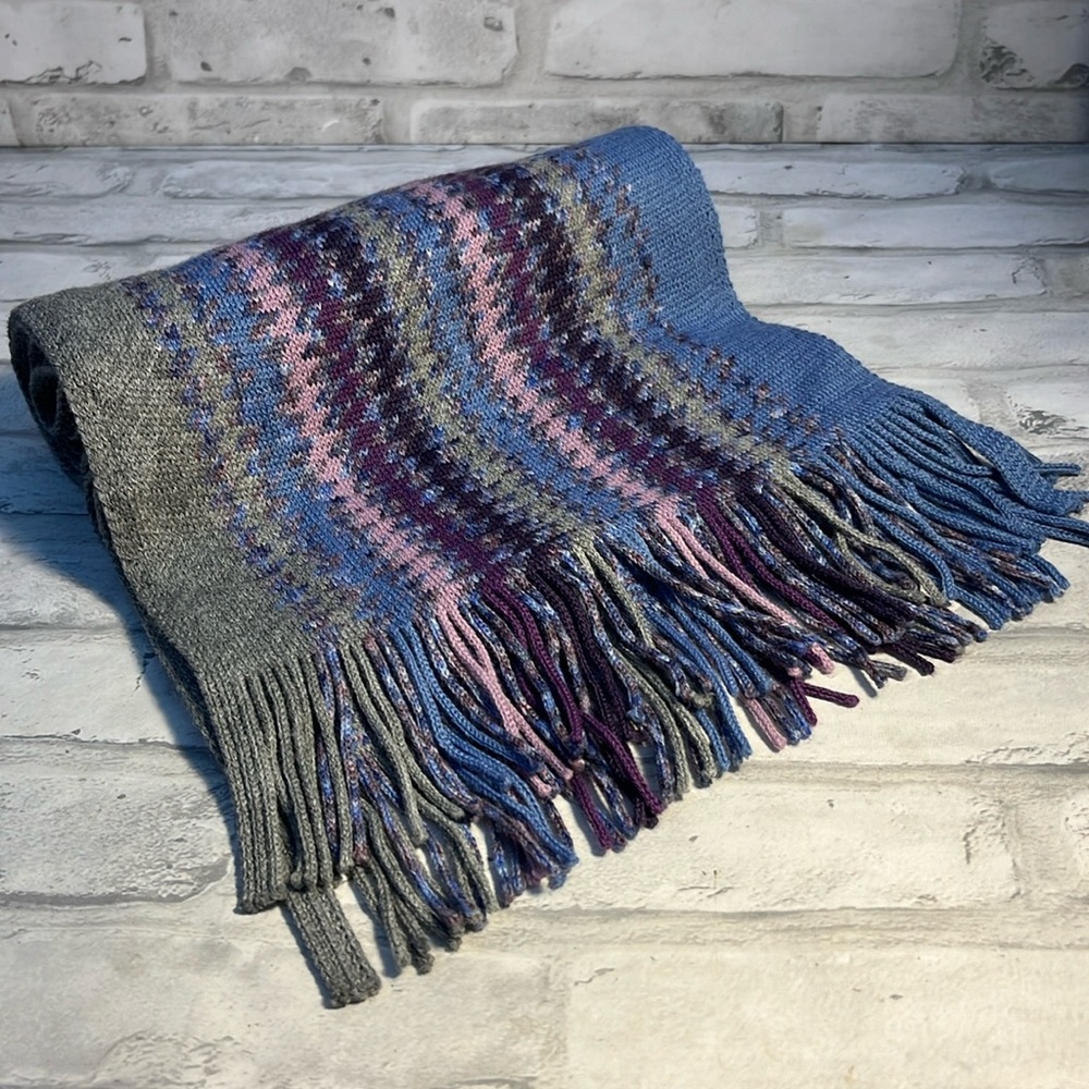 Wool blend scarf 9 in by 64 in fringe blue gray purple pink lightweight striped